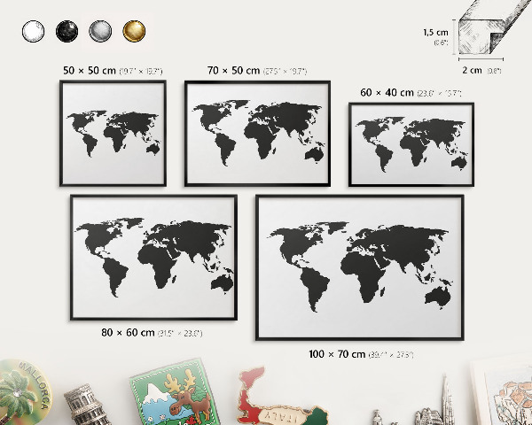 Panneau pour aimants souvenirs cadre noir Carte du monde
