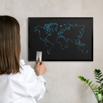 Tableau magnétique encadré de couleur noire Carte du monde