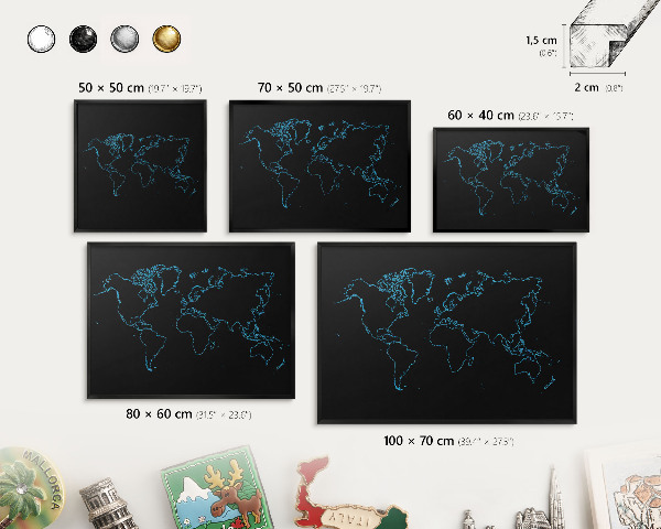 Tableau magnétique encadré de couleur noire Carte du monde