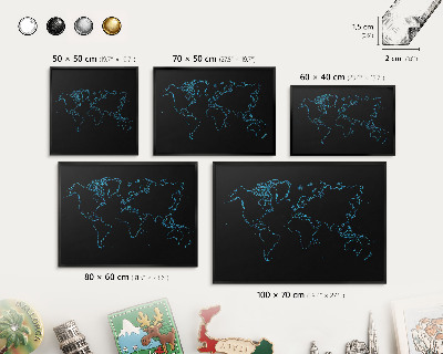 Tableau magnétique encadré de couleur noire Carte du monde