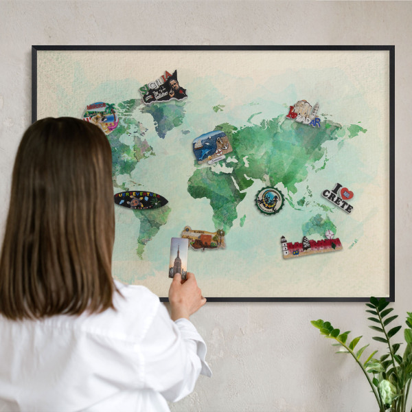 Tableau magnétique encadré de couleur noire Carte du monde