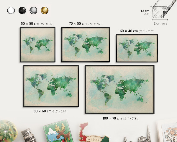Tableau magnétique encadré de couleur noire Carte du monde