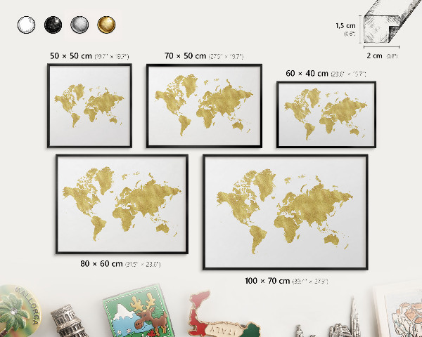 Tableau magnétique encadré de couleur noire Carte du monde