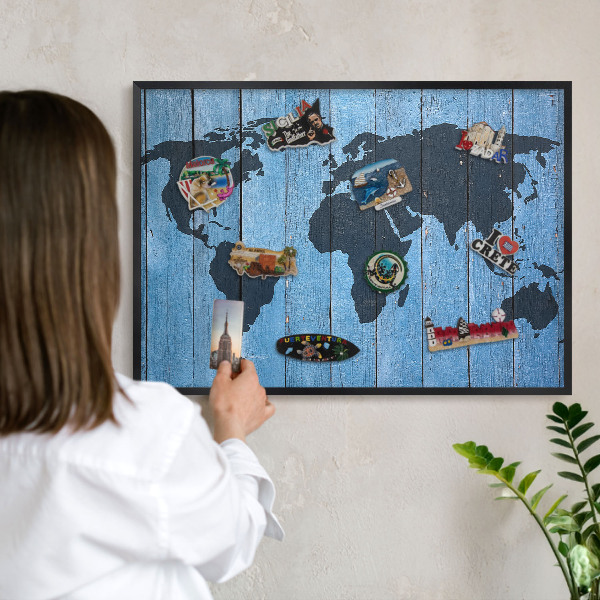 Panneau pour aimants souvenirs cadre noir Carte du monde