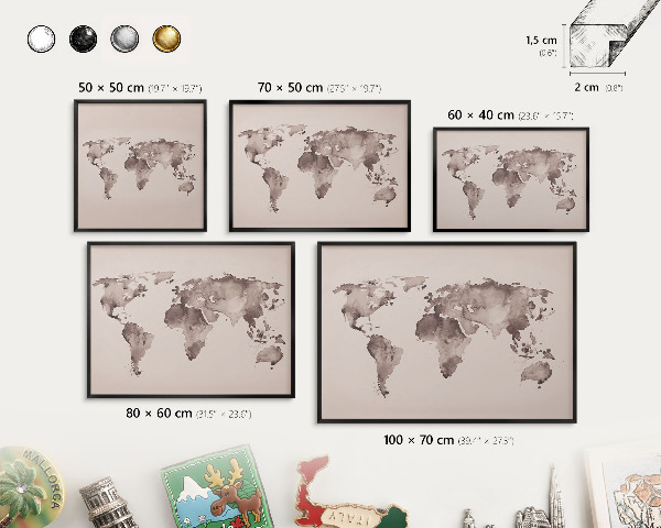 Tableau magnétique encadré de couleur noire Carte du monde