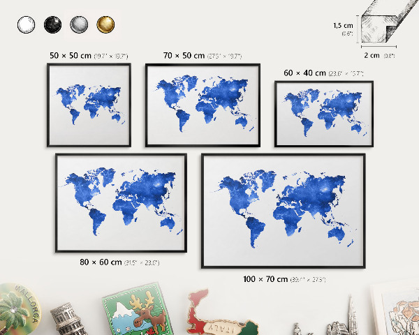 Tableau magnétique encadré de couleur noire Carte du monde