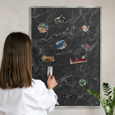 Tableau pour collection d'aimants cadre argenté Marbre noir