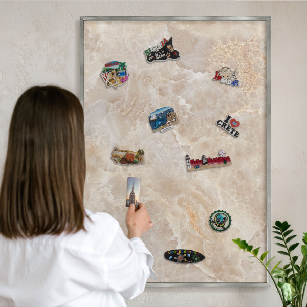 Tableau magnétique décoratif avec cadre argenté Marbre crème