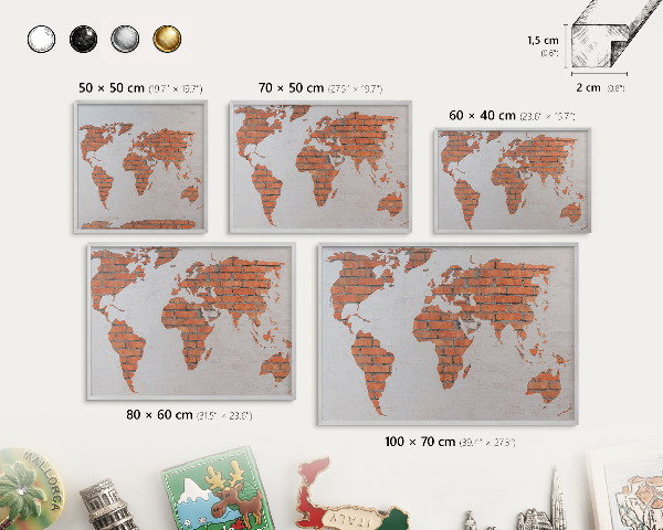 Tableau magnétique décoratif avec cadre argenté Carte en briques