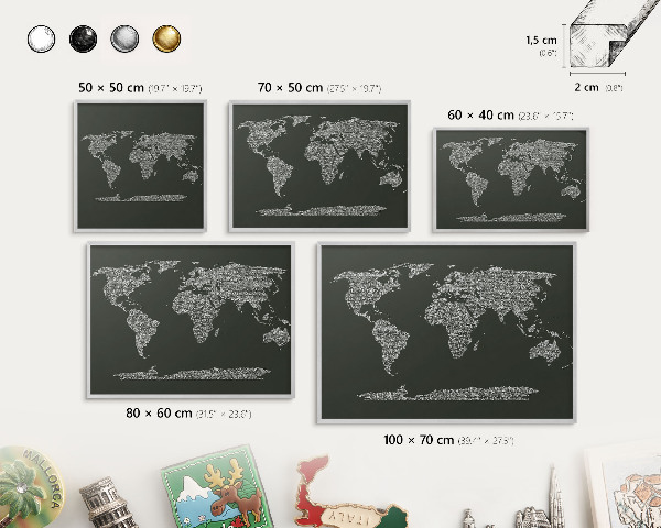 Tableau magnétique décoratif avec cadre argenté Carte textuelle
