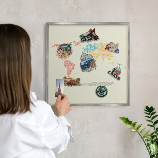 Tableau pour collection d'aimants cadre argenté Carte du monde