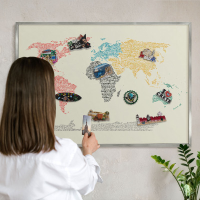 Tableau pour collection d'aimants cadre argenté Carte du monde