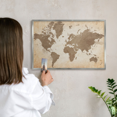 Tableau magnétique décoratif avec cadre argenté Carte du monde