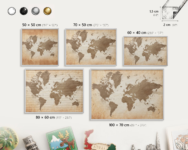 Tableau magnétique décoratif avec cadre argenté Carte du monde