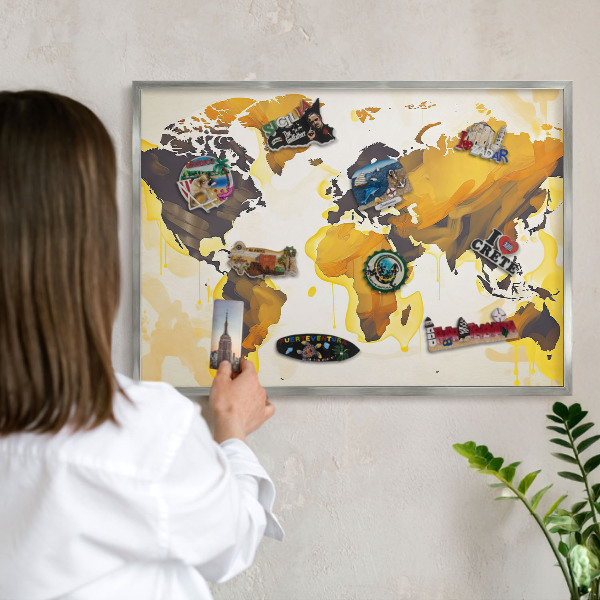 Tableau magnétique décoratif avec cadre argenté Carte du monde