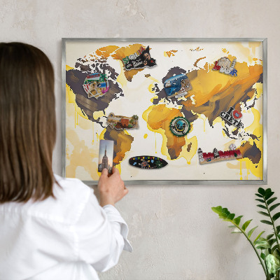 Tableau magnétique décoratif avec cadre argenté Carte du monde