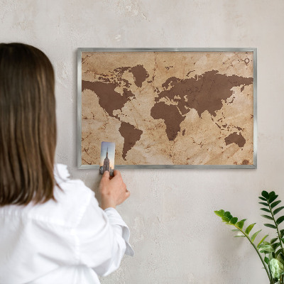 Tableau magnétique décoratif avec cadre argenté Carte du monde