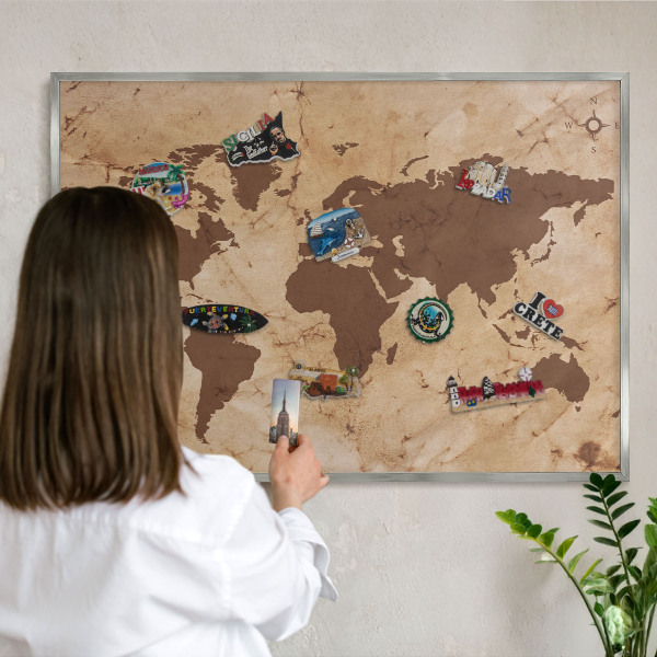 Tableau magnétique décoratif avec cadre argenté Carte du monde
