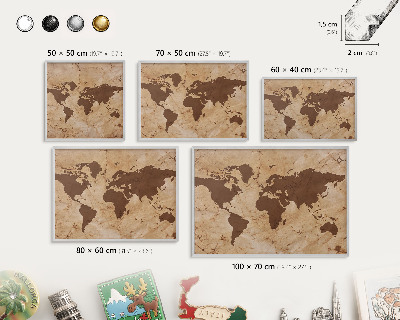 Tableau magnétique décoratif avec cadre argenté Carte du monde