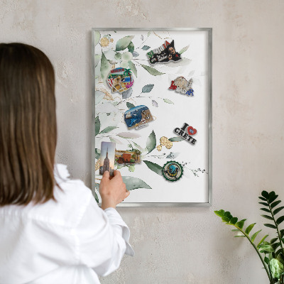 Tableau magnétique décoratif avec cadre argenté Feuilles vertes