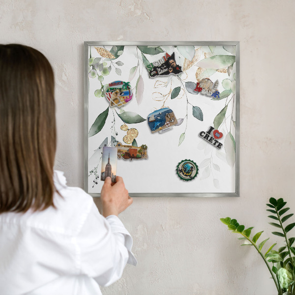 Tableau magnétique décoratif avec cadre argenté Feuilles vertes