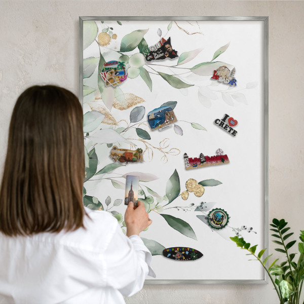 Tableau magnétique décoratif avec cadre argenté Feuilles vertes