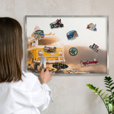 Tableau magnétique décoratif avec cadre argenté Voyage rétro
