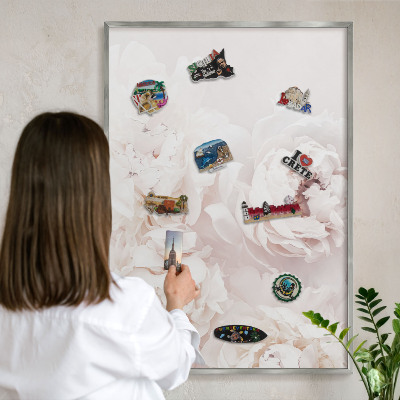 Tableau pour collection d'aimants cadre argenté Pivoines blanches