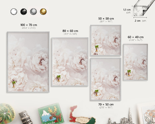 Tableau pour collection d'aimants cadre argenté Pivoines blanches