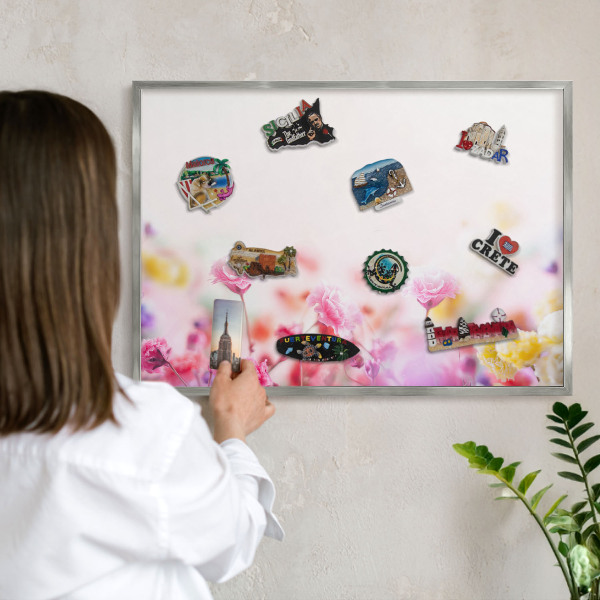 Tableau pour collection d'aimants cadre argenté Fleurs pastel