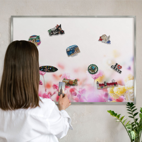 Tableau pour collection d'aimants cadre argenté Fleurs pastel