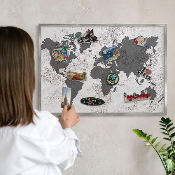 Tableau magnétique décoratif avec cadre argenté Carte du monde