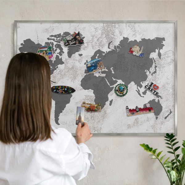 Tableau magnétique décoratif avec cadre argenté Carte du monde