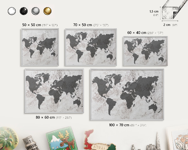 Tableau magnétique décoratif avec cadre argenté Carte du monde