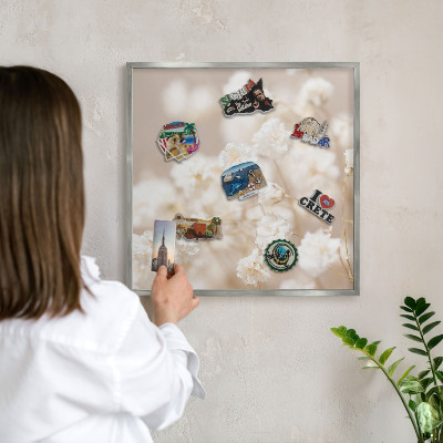 Tableau pour collection d'aimants cadre argenté Fleurs beiges