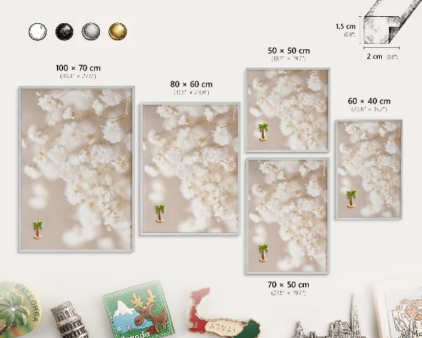Tableau pour collection d'aimants cadre argenté Fleurs beiges