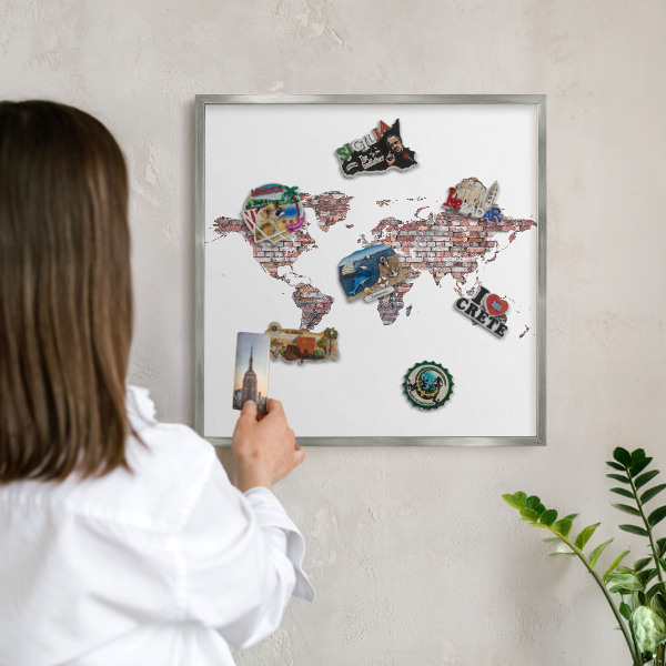 Tableau magnétique décoratif avec cadre argenté Le monde de briques