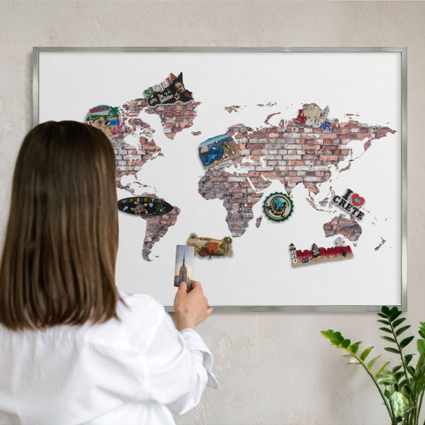 Tableau magnétique décoratif avec cadre argenté Le monde de briques