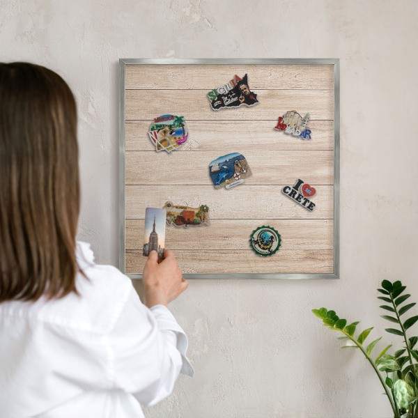 Tableau pour collection d'aimants cadre argenté Planches de bois