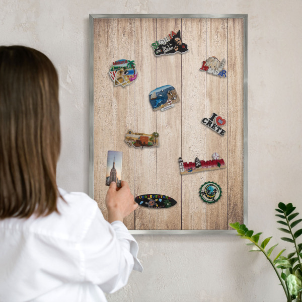 Tableau pour collection d'aimants cadre argenté Planches de bois