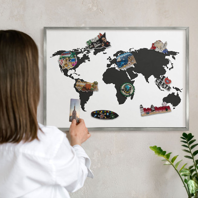 Tableau magnétique décoratif avec cadre argenté Carte du monde