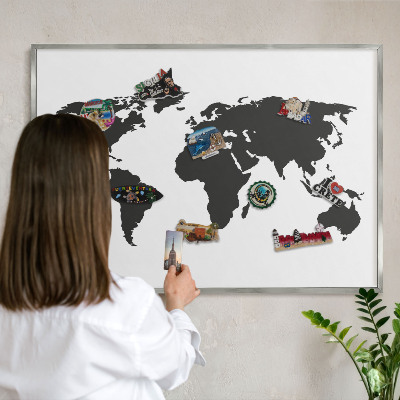 Tableau magnétique décoratif avec cadre argenté Carte du monde