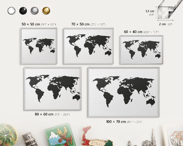Tableau magnétique décoratif avec cadre argenté Carte du monde