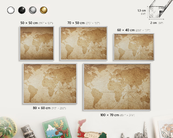 Tableau magnétique décoratif avec cadre argenté Ancienne carte
