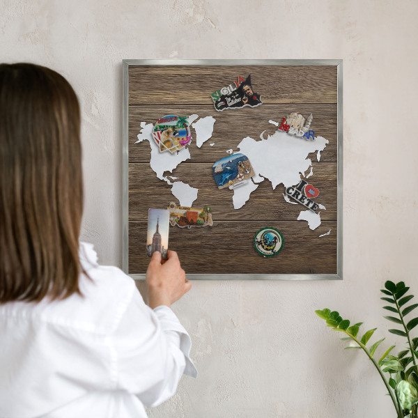 Tableau magnétique décoratif avec cadre argenté Carte en bois