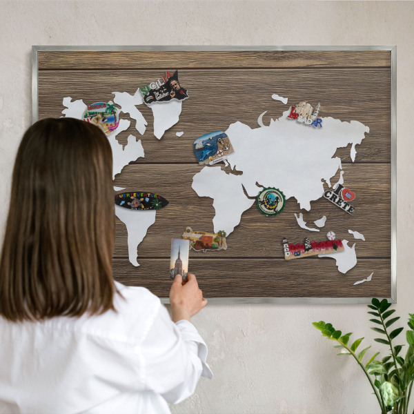 Tableau magnétique décoratif avec cadre argenté Carte en bois