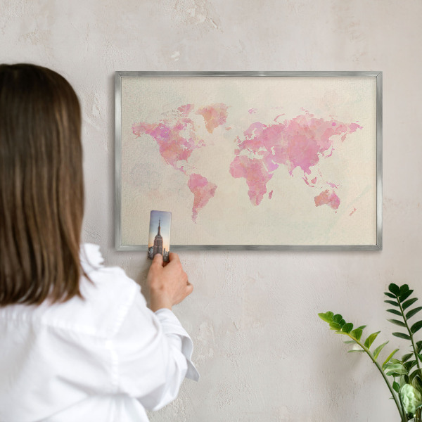 Tableau magnétique décoratif avec cadre argenté Carte du monde