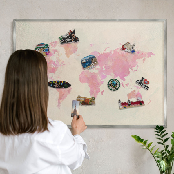 Tableau magnétique décoratif avec cadre argenté Carte du monde