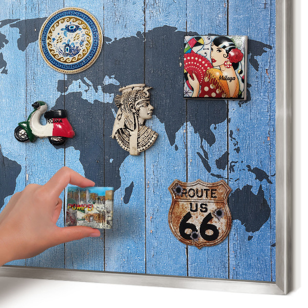 Tableau magnétique décoratif avec cadre argenté Carte du monde