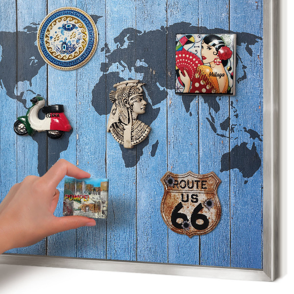 Tableau magnétique décoratif avec cadre argenté Carte du monde